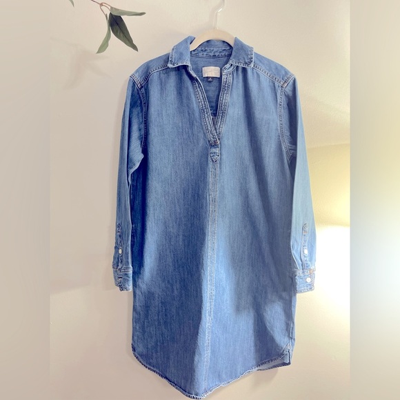 Denim Shirtdress Blue Women Universal Thread long Sleeve 2 Side Pockets Popover - Picture 2 of 8